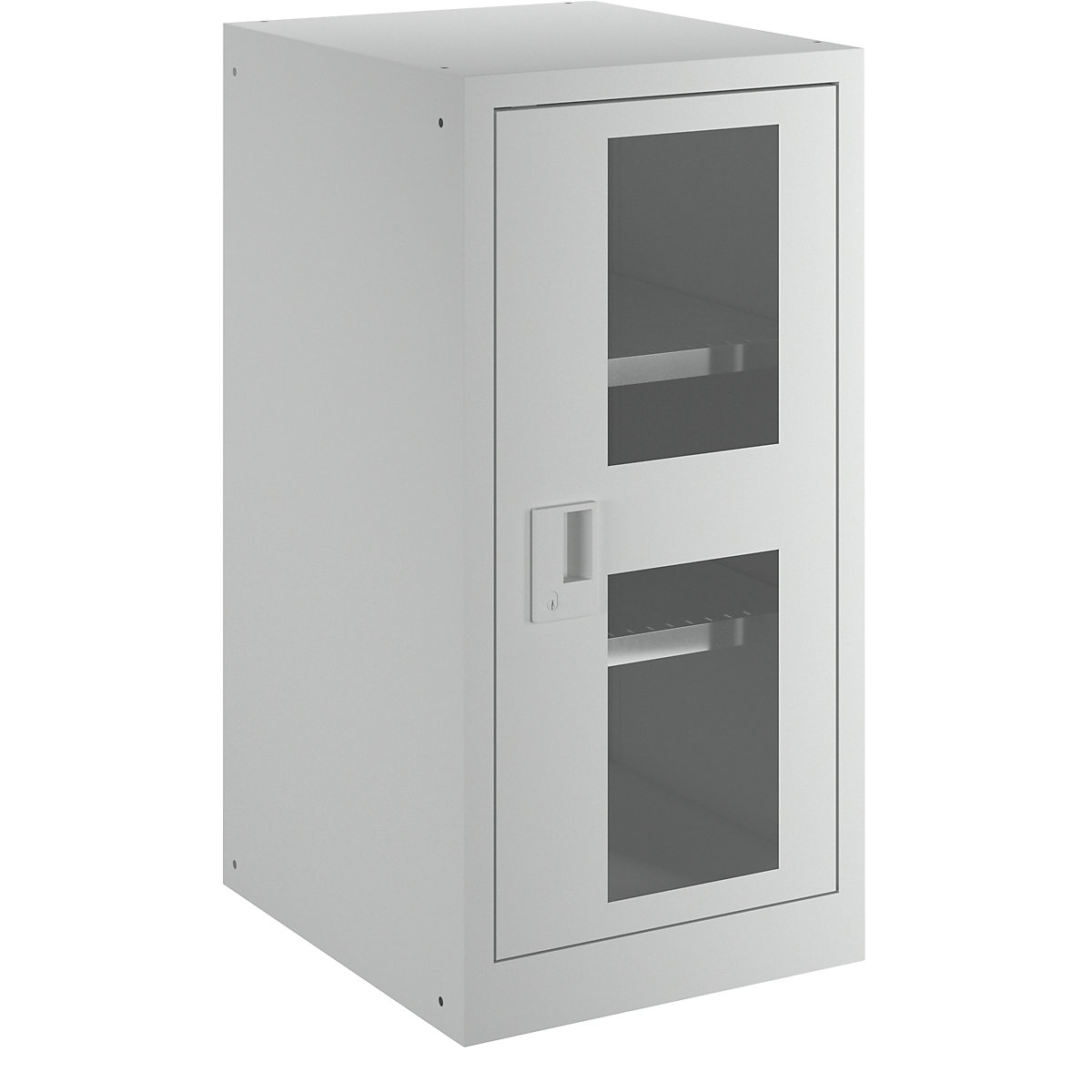 Double door cupboard, 2 shelves – LISTA, width 500 mm, with vision panel, light grey-2