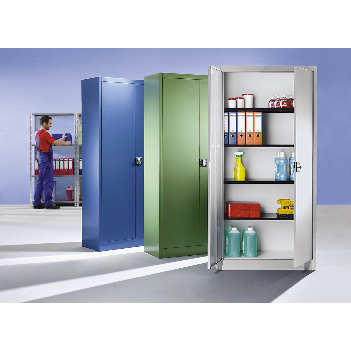 Double door cupboard, HxW (external) 1950 x 950 mm – mauser, with 4 shelves, depth 500 mm, light grey RAL 7035-7
