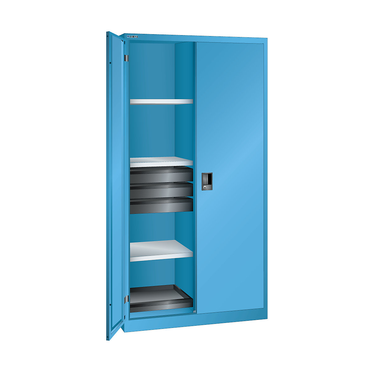 Double door cupboard, HxWxD 1950 x 1000 x 580 mm – LISTA, empty housing with 8 shelves, 6 drawers, light blue-9