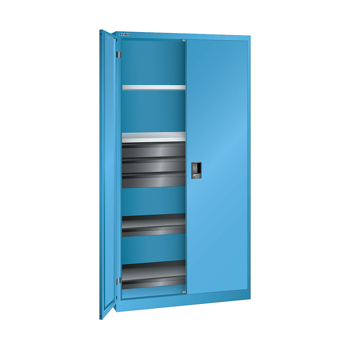 Double door cupboard, HxWxD 1950 x 1000 x 580 mm – LISTA, empty housing with 2 shelves, 2 pull-out shelves and 3 drawers, light blue-9