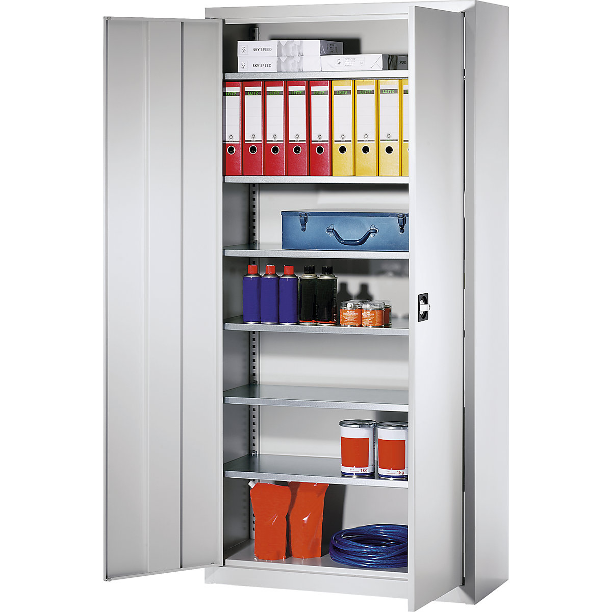 Double door cupboard made of sheet steel – eurokraft pro, HxWxD 1950 x 950 x 400 mm, 6 shelves, gentian blue RAL 5010-8