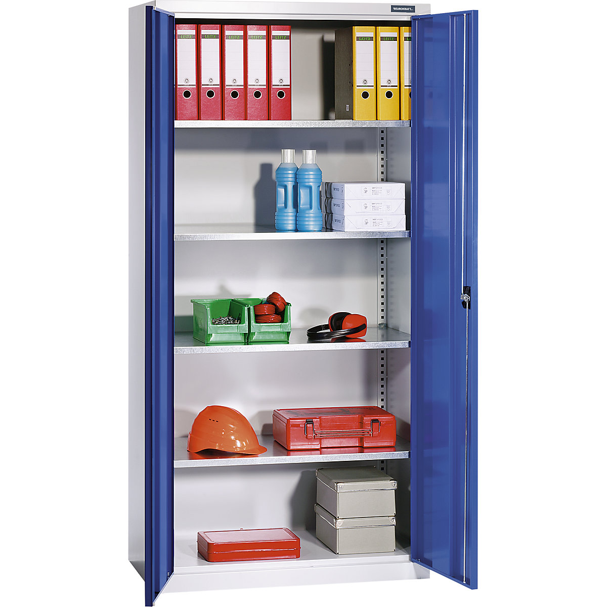 Double door cupboard made of sheet steel – eurokraft pro, HxWxD 1950 x 950 x 500 mm, 4 shelves, light grey RAL 7035 / gentian blue RAL 5010-4