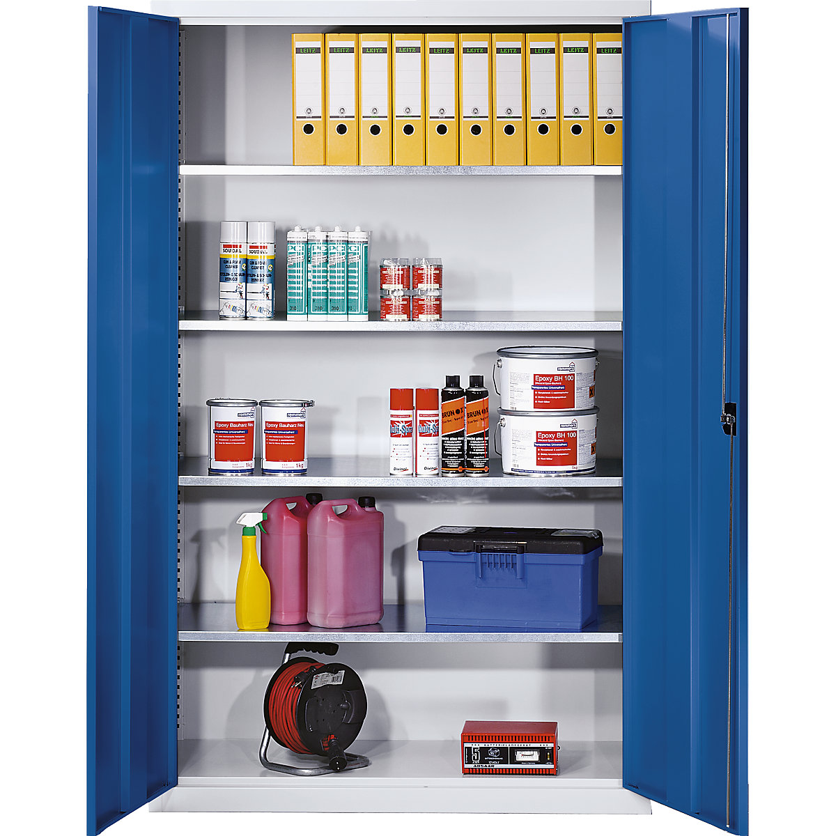 Double door cupboard made of sheet steel – eurokraft pro, HxWxD 1950 x 1200 x 500 mm, 4 shelves, body in light grey, doors in gentian blue-3