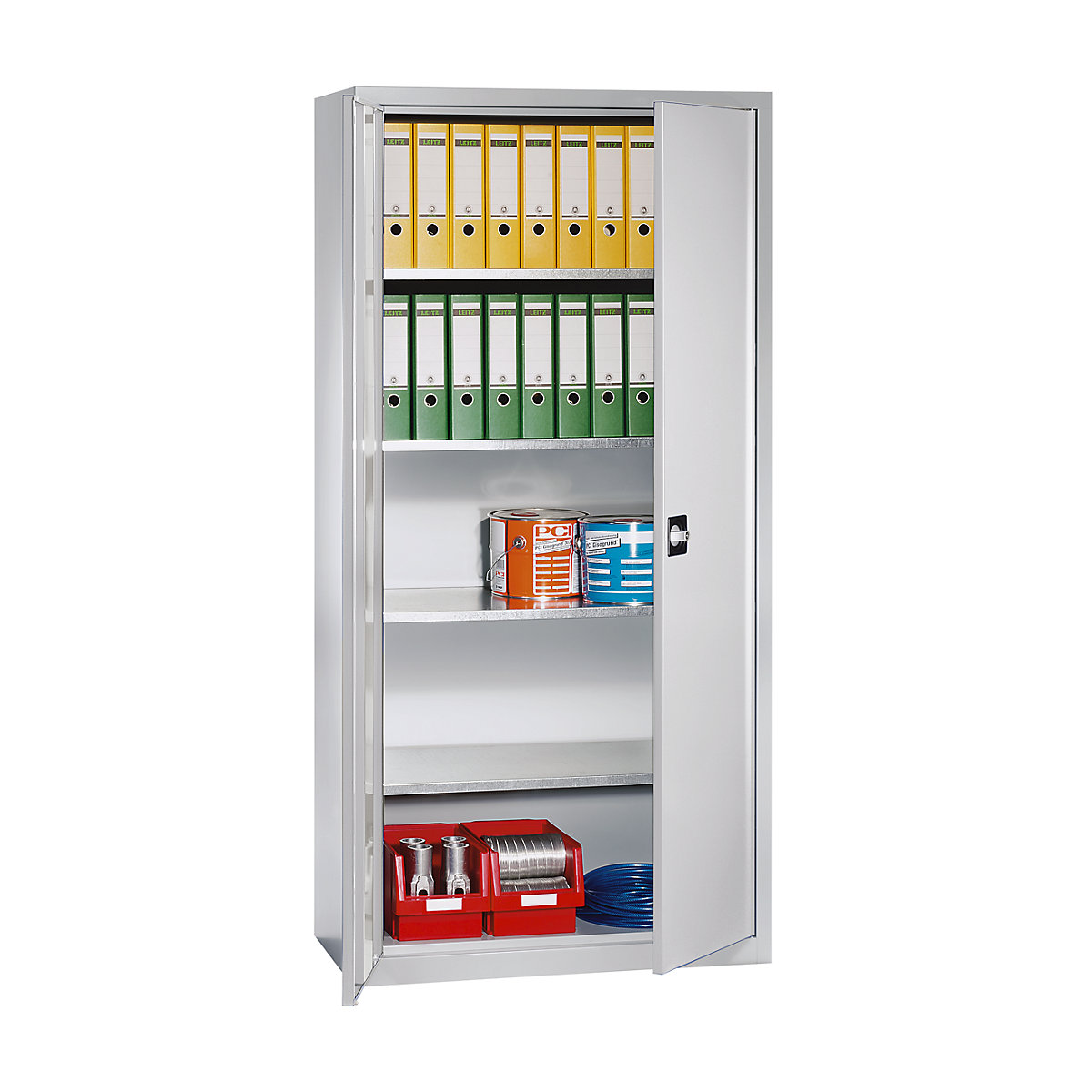 Double door cupboard made of sheet steel – eurokraft pro, HxWxD 1950 x 950 x 500 mm, 4 shelves, light grey RAL 7035-3