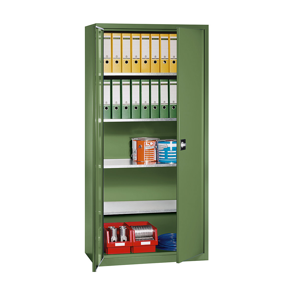 Double door cupboard made of sheet steel – eurokraft pro, HxWxD 1950 x 950 x 500 mm, 4 shelves, reseda green RAL 6011-6