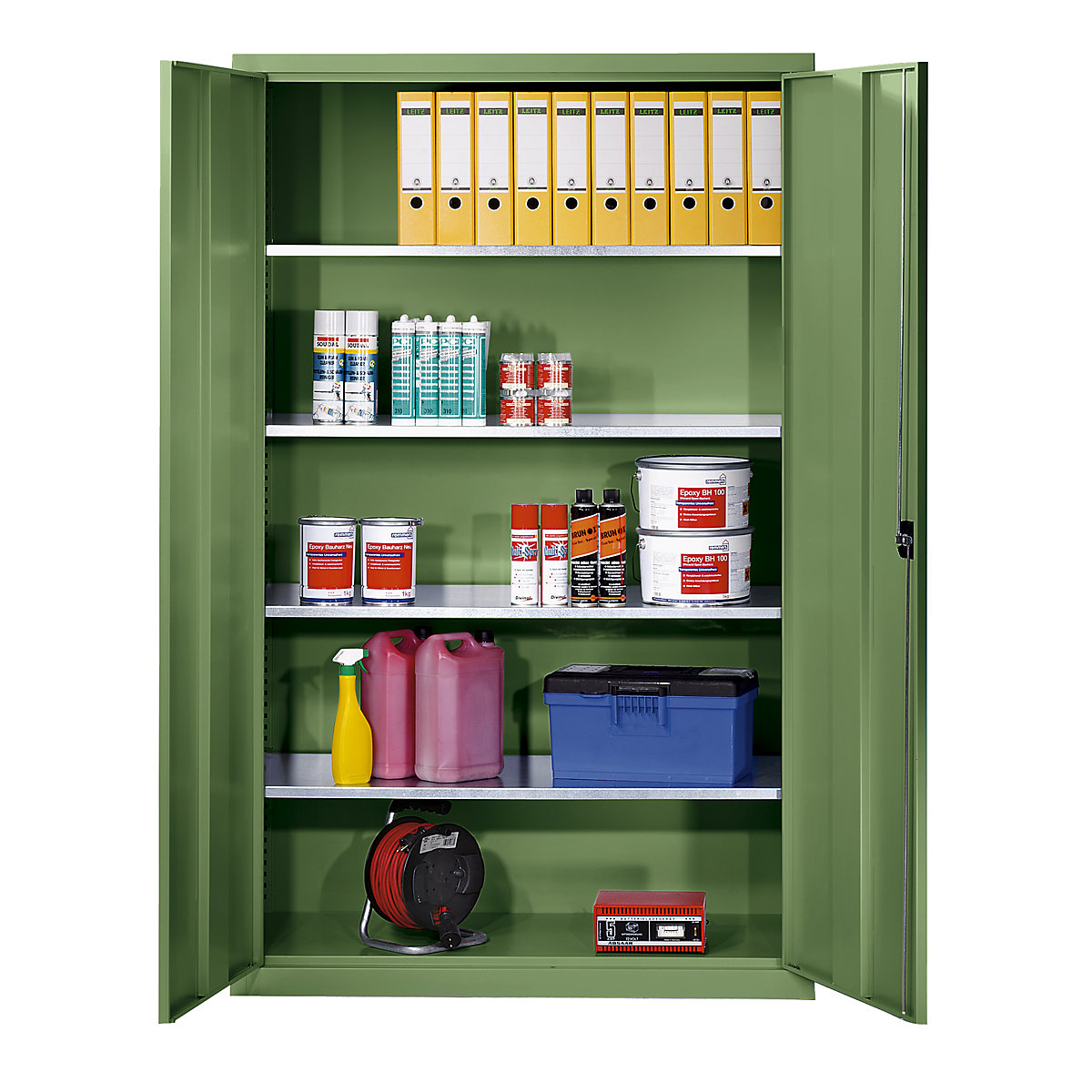 Double door cupboard made of sheet steel – eurokraft pro, HxWxD 1950 x 1200 x 500 mm, 4 shelves, body and doors reseda green-4