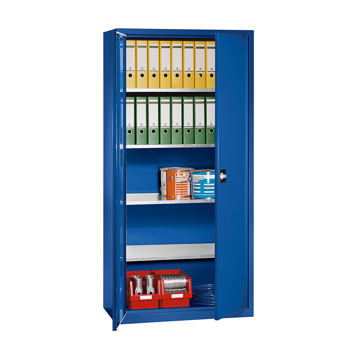 Double door cupboard made of sheet steel – eurokraft pro, HxWxD 1950 x 950 x 500 mm, 4 shelves, gentian blue RAL 5010-5