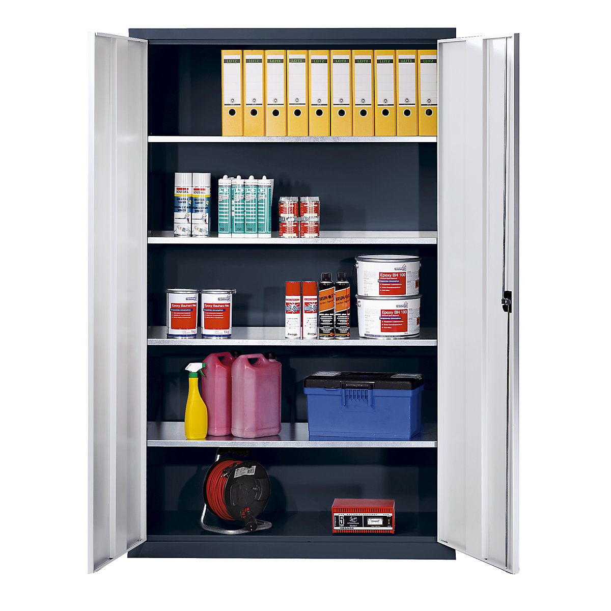 Double door cupboard made of sheet steel – eurokraft pro, HxWxD 1950 x 1200 x 500 mm, 4 shelves, body in jet black, doors in light grey-5