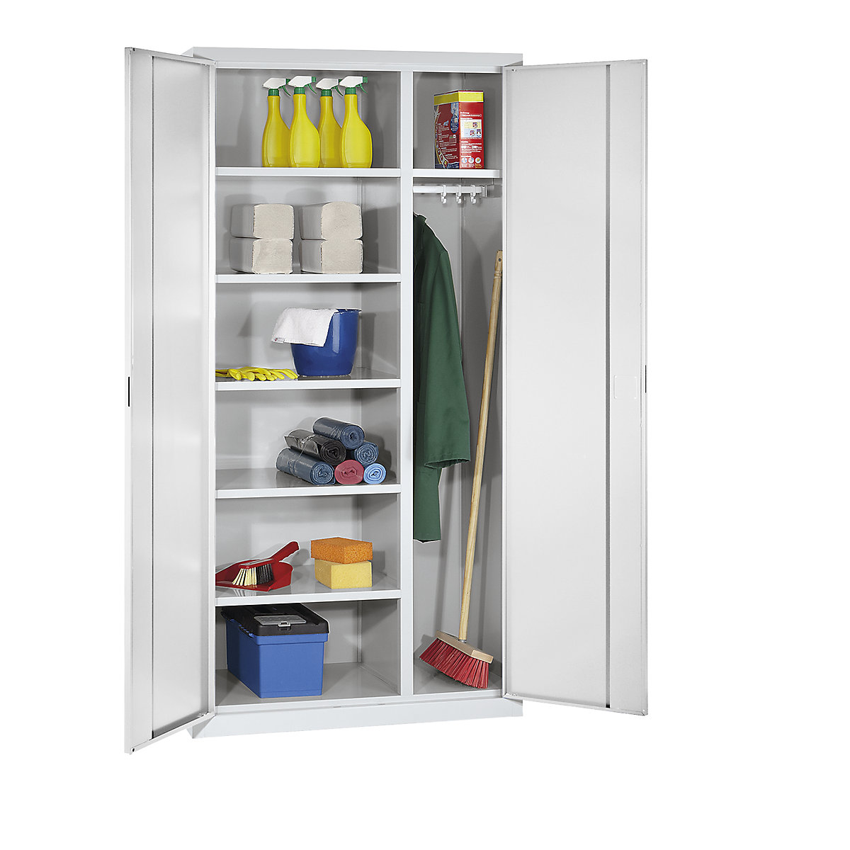 Double door cupboard – eurokraft pro, 6 shelves, 1 clothes rail, depth 400 mm, light grey-2