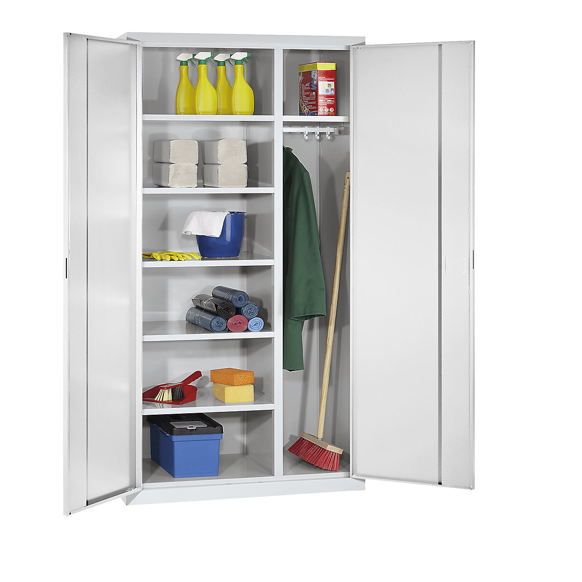 Double door cupboard – eurokraft pro, 6 shelves, 1 clothes rail, depth 500 mm, light grey-3