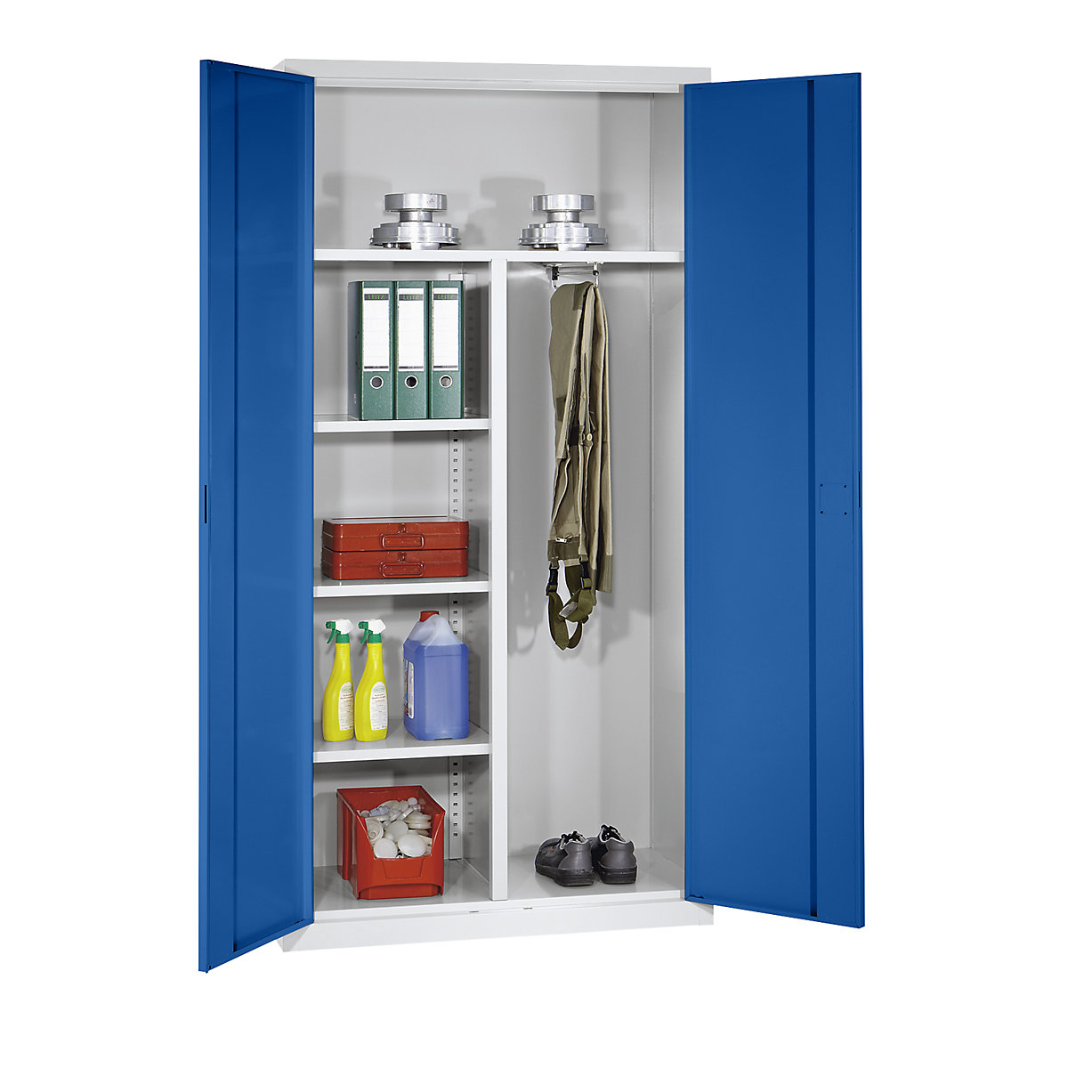 Double door cupboard – eurokraft pro, 1 hat shelf, 3 shelves, 1 clothes rail, light grey / gentian blue-2