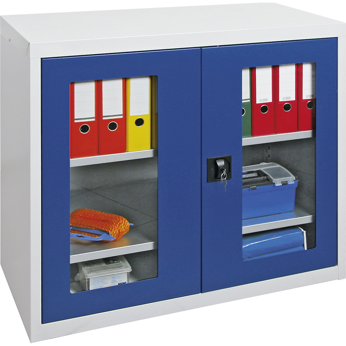Double door cupboard, with vision panel doors, 2 shelves, light grey / gentian blue-3