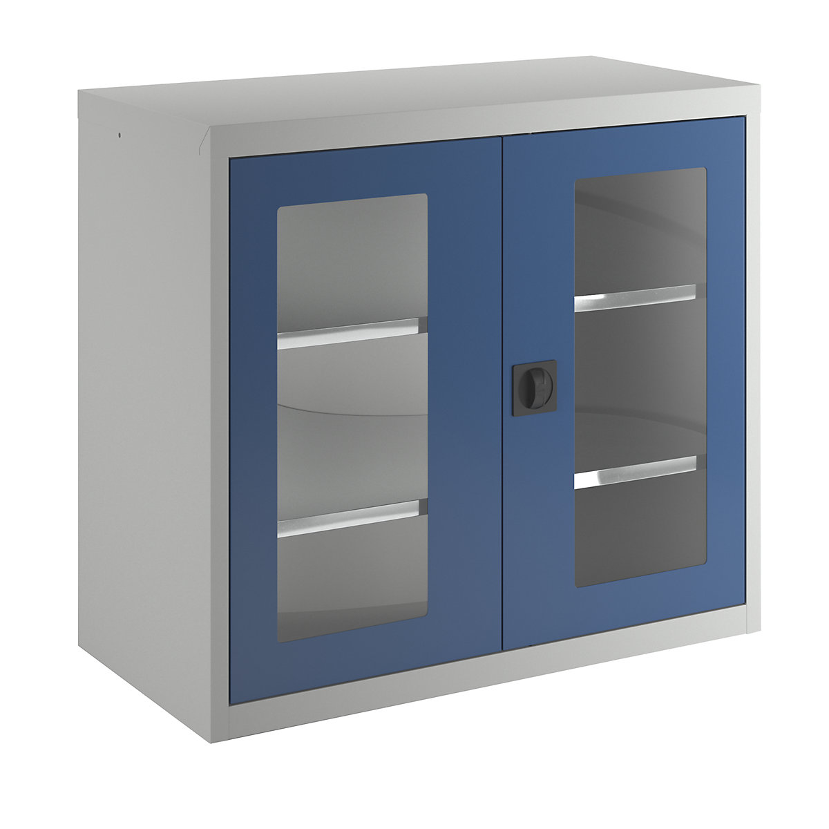 Double door cupboard, with vision panel doors, 2 shelves, light grey / gentian blue-3