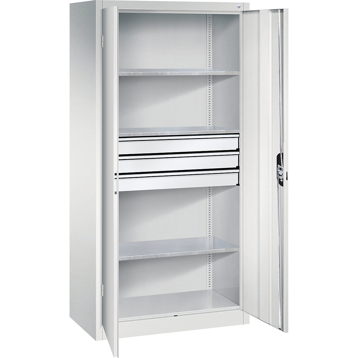 Double door workshop cupboard with drawers – C+P, WxD 930 x 500 mm, 3 shelves, light grey / light grey-3