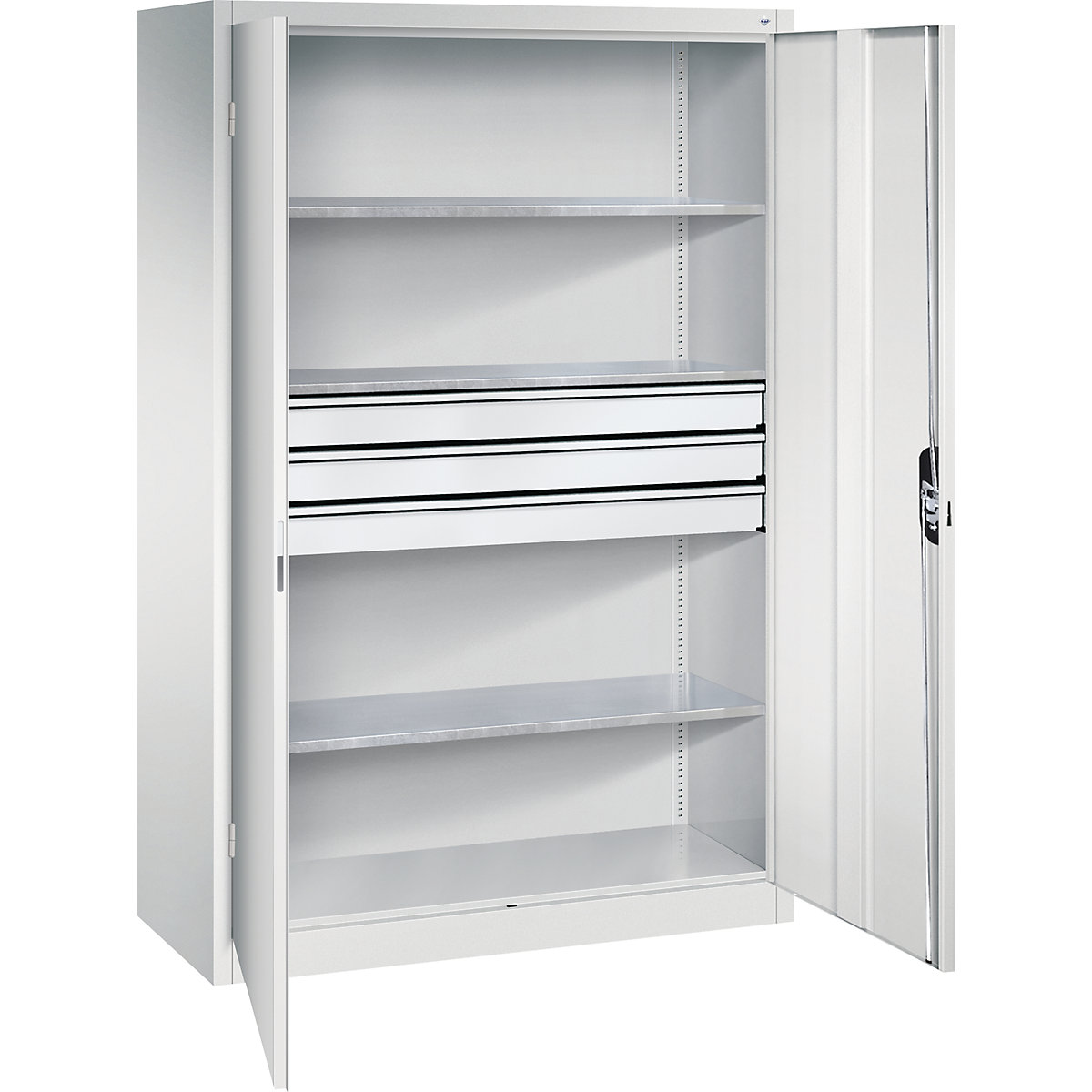 Double door workshop cupboard with drawers – C+P, WxD 1200 x 500 mm, 3 shelves, light grey / light grey-5