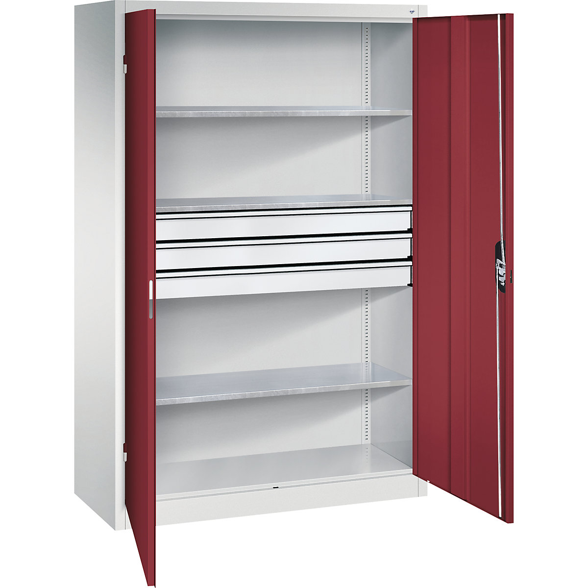 Double door workshop cupboard with drawers – C+P, WxD 1200 x 500 mm, 3 shelves, light grey / ruby red-6
