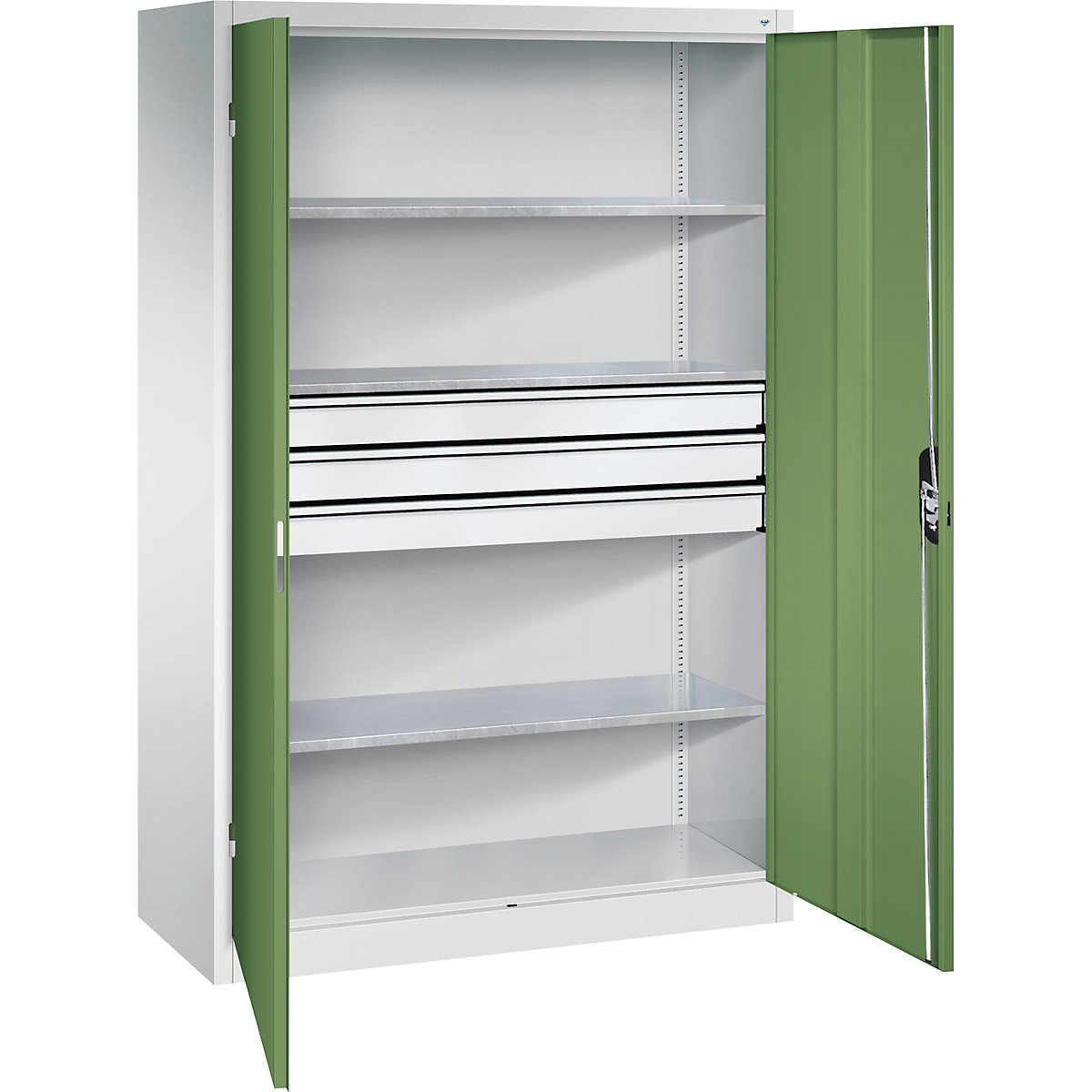 Double door workshop cupboard with drawers – C+P, WxD 1200 x 500 mm, 3 shelves, light grey / reseda green-3