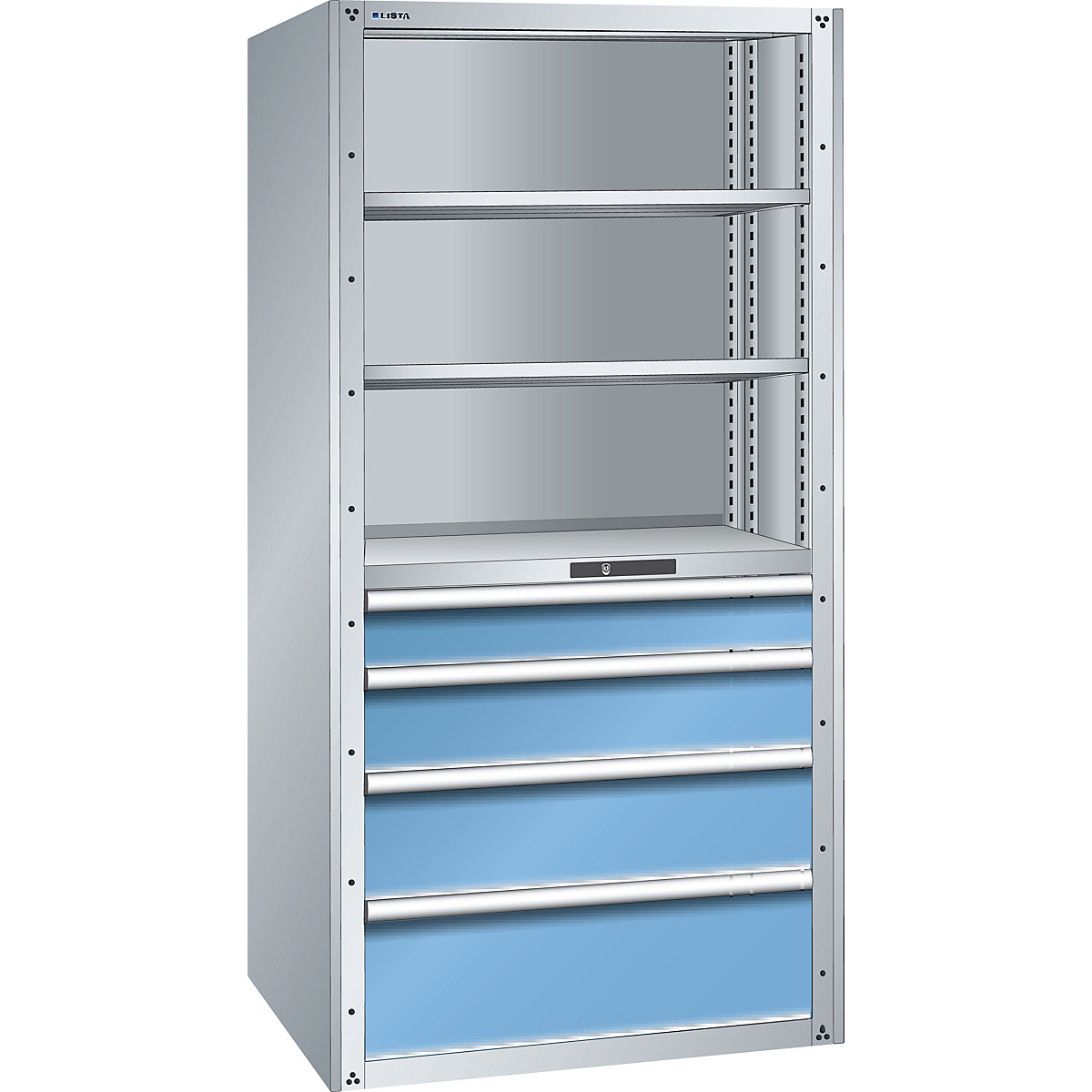 Drawer shelf unit – LISTA, 3 universal shelves, 2 adjustable shelves, 4 drawers, standard shelf unit-3