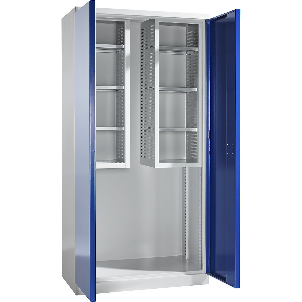 Equipment and cleaning cupboard, width 1000 mm, solid panel doors / 2 shelf boxes, light grey / gentian blue-2
