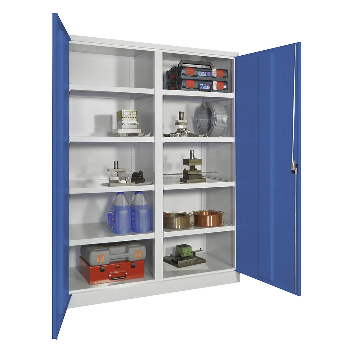 Heavy duty cupboard, extra wide – Pavoy, height x width x depth 1950 x 1470 x 630 mm, 8 shelves, 1 centre partition, grey / blue-2
