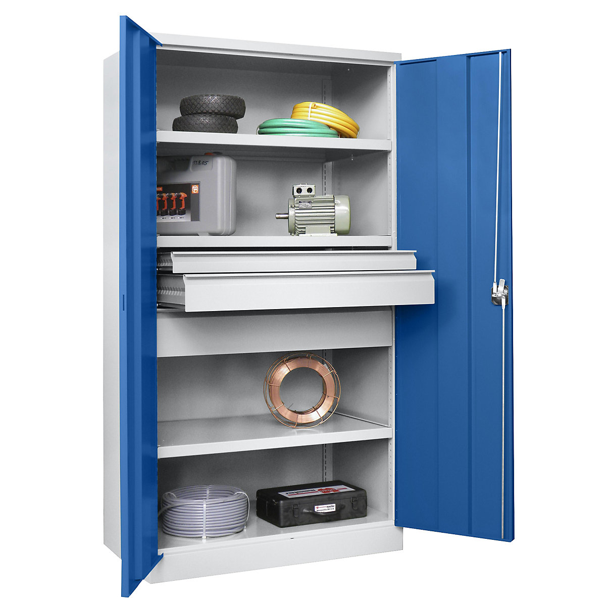 Heavy duty cupboard, height 1950 mm – Pavoy, 3 shelves, 3 drawers, grey / blue-9