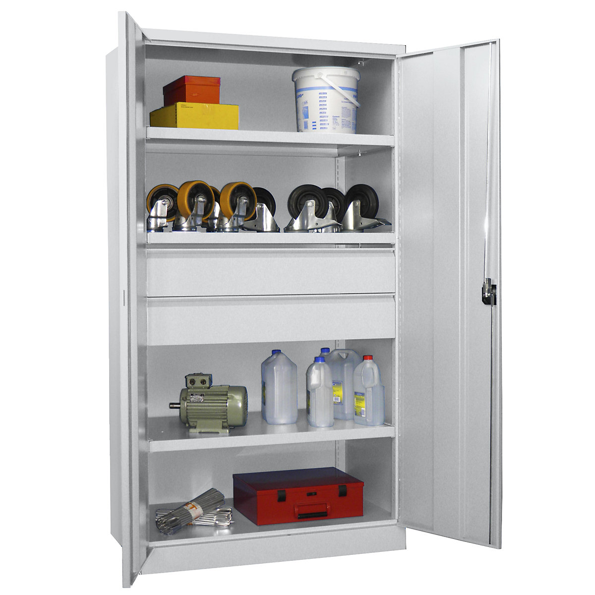 Heavy duty cupboard, height 1950 mm – Pavoy, 3 shelves, 2 drawers, grey-2