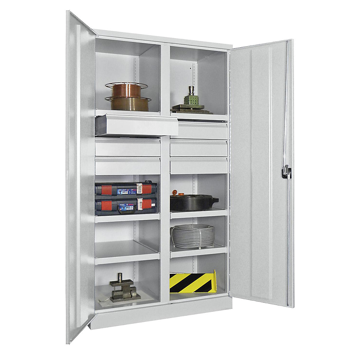 Heavy duty cupboard, height 1950 mm – Pavoy, 6 shelves, 6 x 125 mm drawers, grey-2