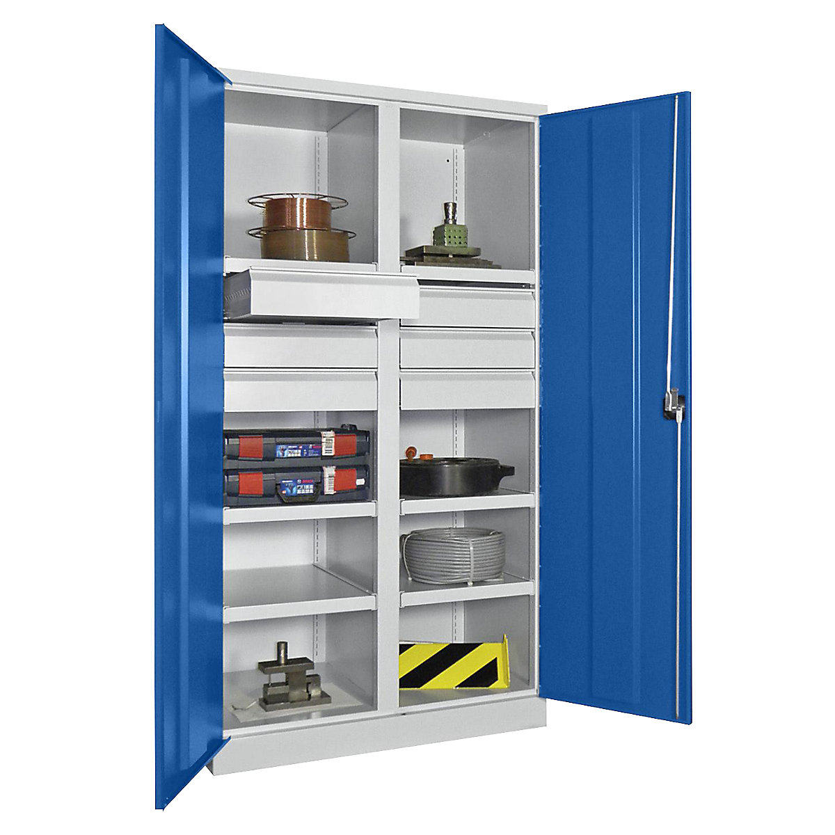 Heavy duty cupboard, height 1950 mm – Pavoy, 6 shelves, 6 x 175 mm drawers, grey / blue-9