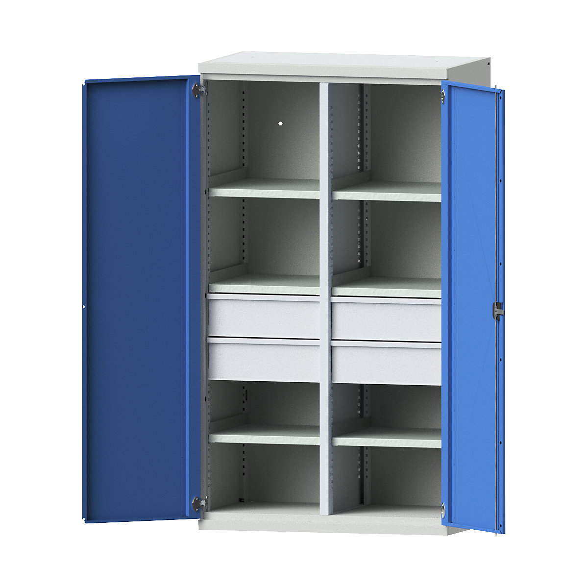 Heavy duty cupboard made of steel – eurokraft pro, 6 shelves, 4 x 180 mm high drawers, light grey / light blue-10