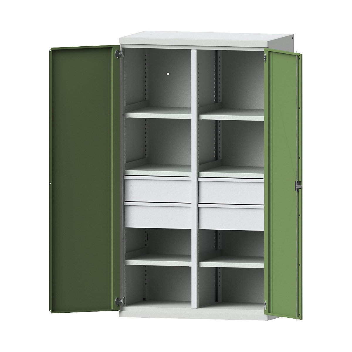 Heavy duty cupboard made of steel – eurokraft pro, 6 shelves, 4 x 180 mm high drawers, light grey / reseda green-11