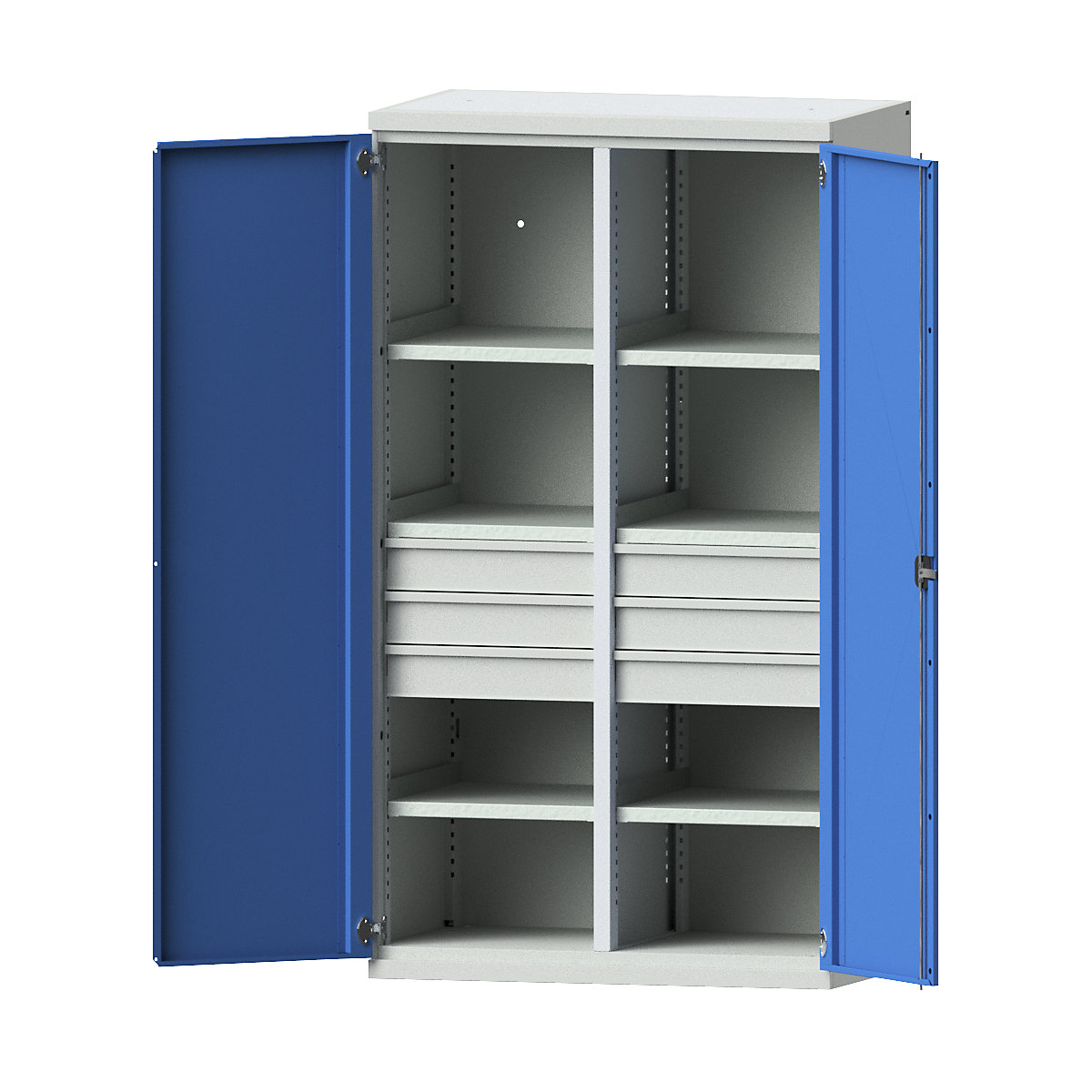 Heavy duty cupboard made of steel – eurokraft pro, 6 shelves, 6 x 120 mm high drawers, light grey / light blue-10