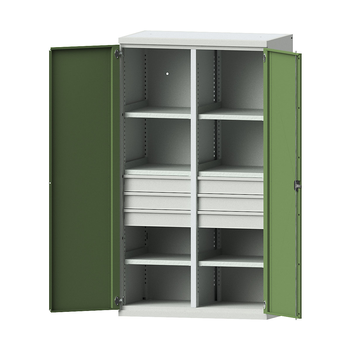 Heavy duty cupboard made of steel – eurokraft pro, 6 shelves, 6 x 120 mm high drawers, light grey / reseda green-9