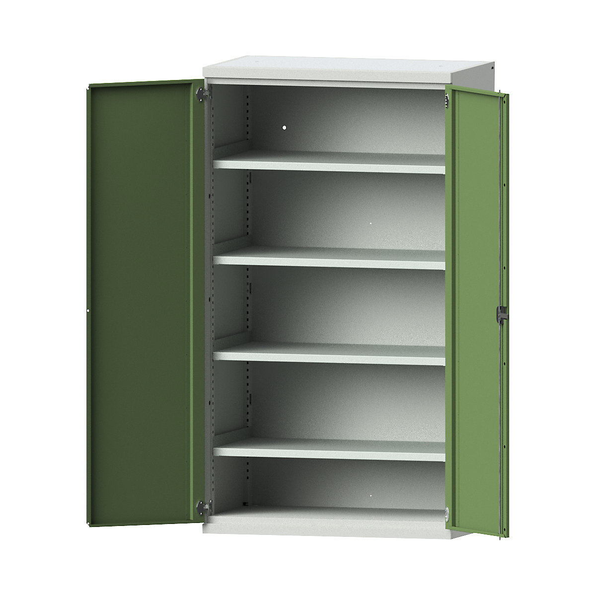Heavy duty cupboard made of steel – eurokraft pro, 4 full-width shelves, light grey / reseda green-9