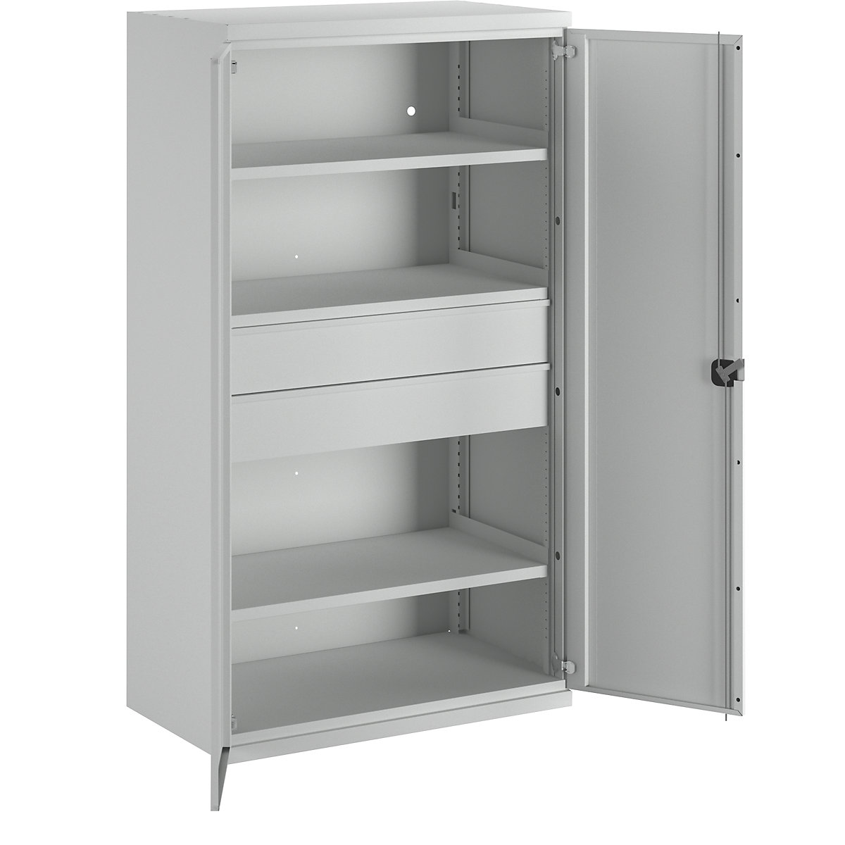 Heavy duty cupboard made of steel – eurokraft pro, 3 shelves, 2 x 180 mm high drawers, light grey / light grey-3