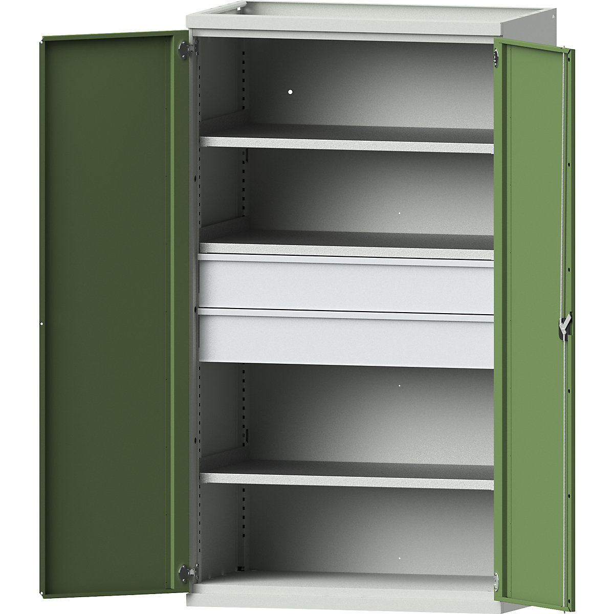 Heavy duty cupboard made of steel – eurokraft pro, 3 shelves, 2 x 180 mm high drawers, light grey / reseda green-2