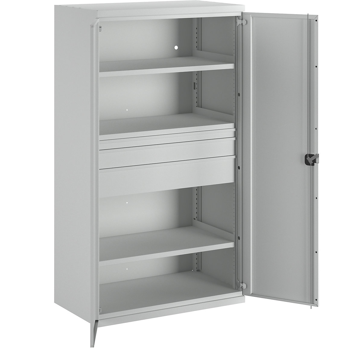Heavy duty cupboard made of steel – eurokraft pro, 3 shelves, drawers 1 x 60 mm, 1 x 120 mm, 1 x 180 mm high, light grey / light grey-3