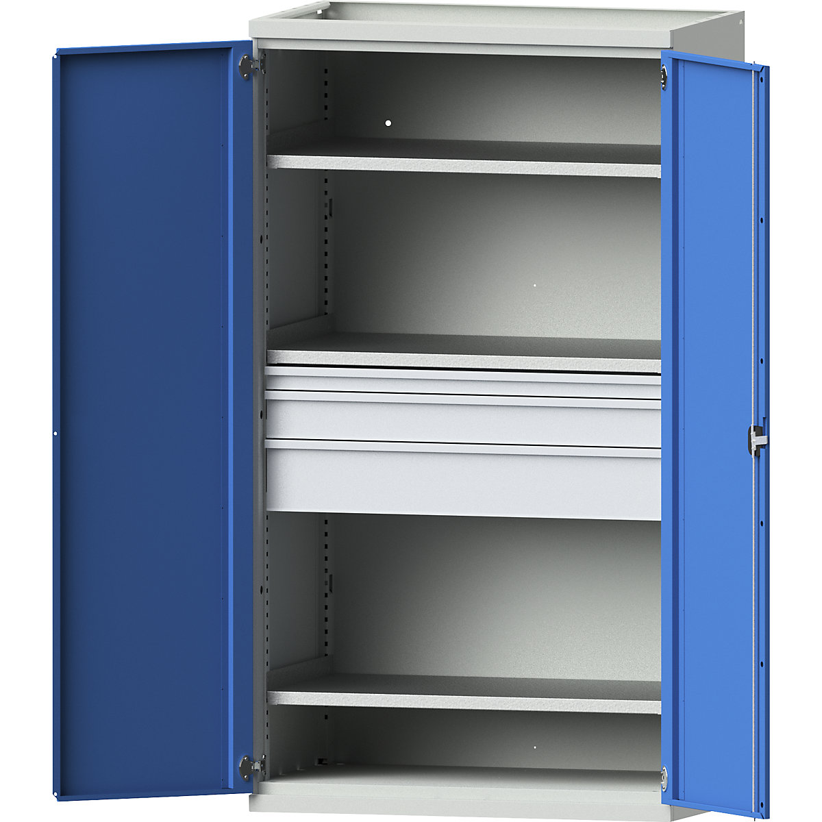 Heavy duty cupboard made of steel – eurokraft pro, 3 shelves, drawers 1 x 60 mm, 1 x 120 mm, 1 x 180 mm high, light grey / light blue-4