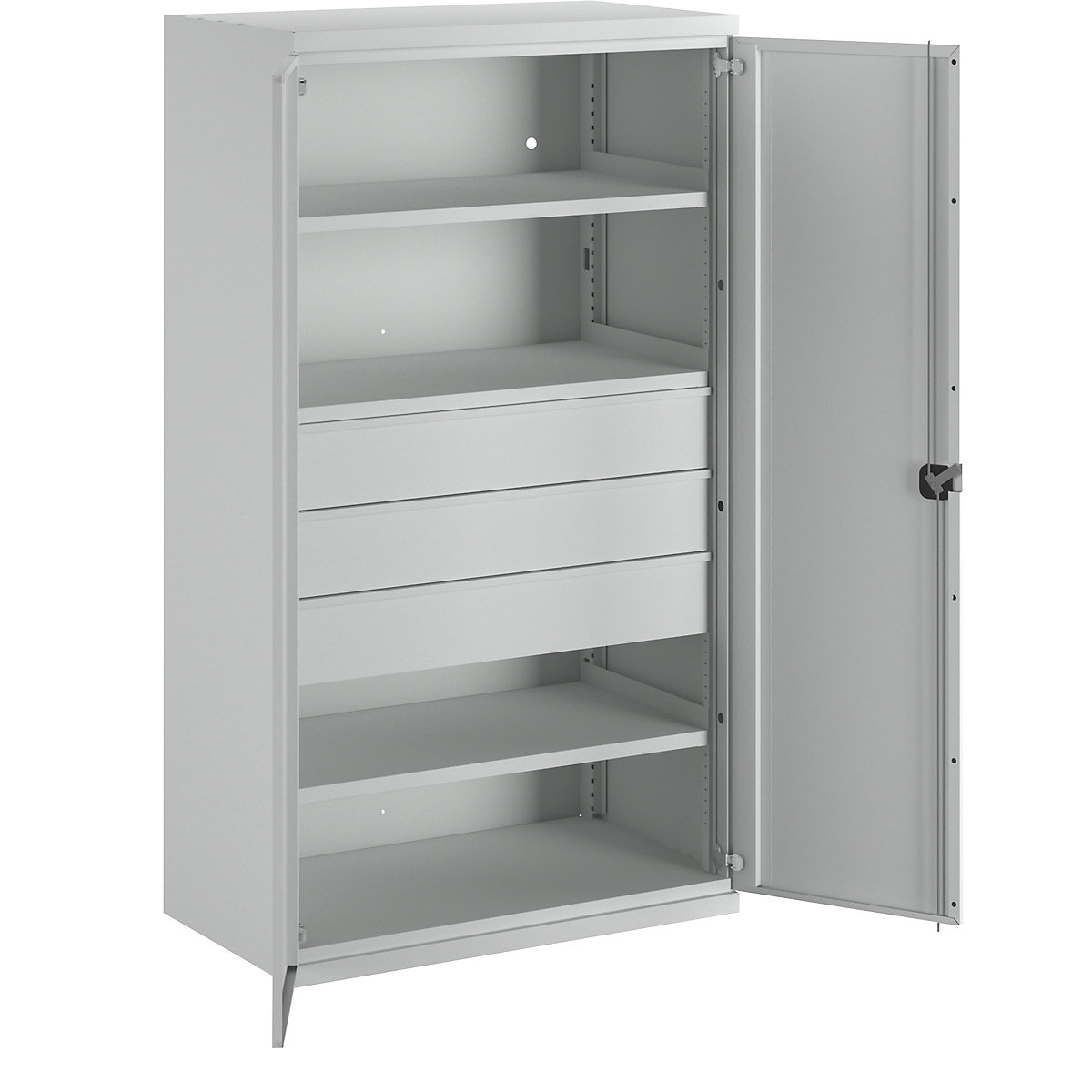 Heavy duty cupboard made of steel – eurokraft pro, 3 shelves, 3 x 180 mm high drawers, light grey / light grey-4