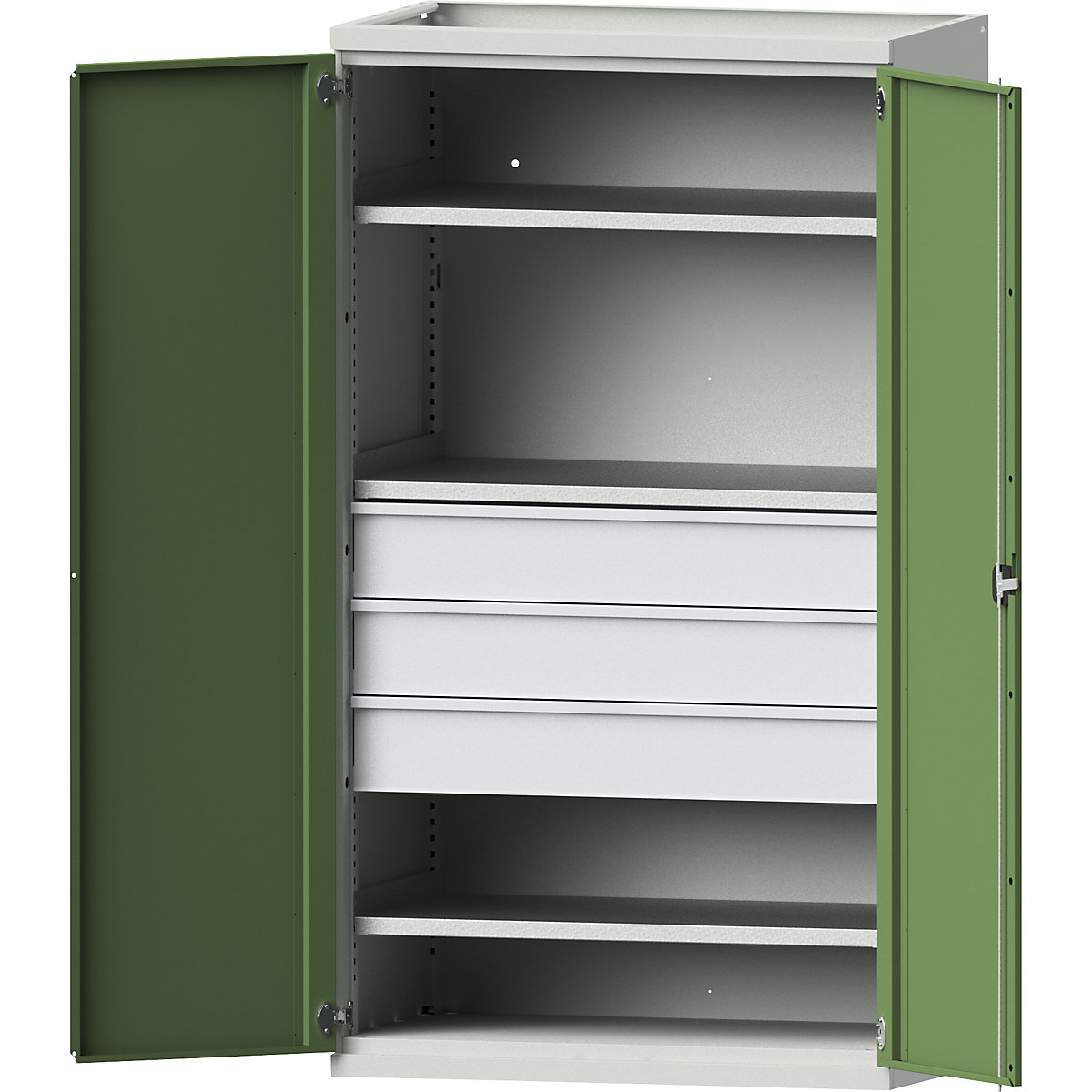 Heavy duty cupboard made of steel – eurokraft pro, 3 shelves, 3 x 180 mm high drawers, light grey / reseda green-3