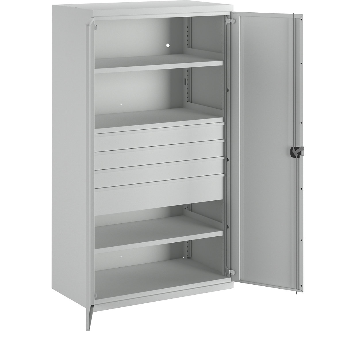 Heavy duty cupboard made of steel – eurokraft pro, 3 shelves, drawers 3 x 120 mm, 1 x 180 mm high, light grey / light grey-2