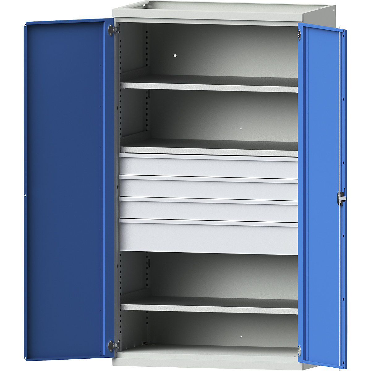 Heavy duty cupboard made of steel – eurokraft pro, 3 shelves, drawers 3 x 120 mm, 1 x 180 mm high, light grey / light blue-3