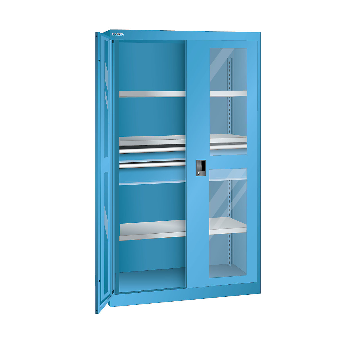 Heavy duty cupboard – LISTA, 3 shelves, 2 drawers with vision panel doors, light blue-10