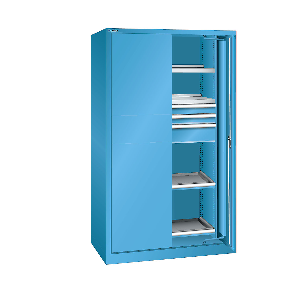 Heavy duty flush door cupboard – LISTA, 3 drawers, 4 shelves, with solid panel doors, light blue-8