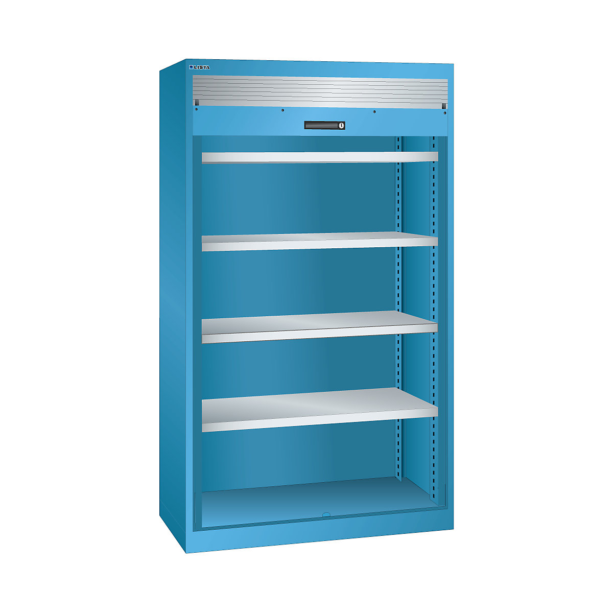 Heavy duty roller shutter cupboard – LISTA, 4 shelves, light blue-9