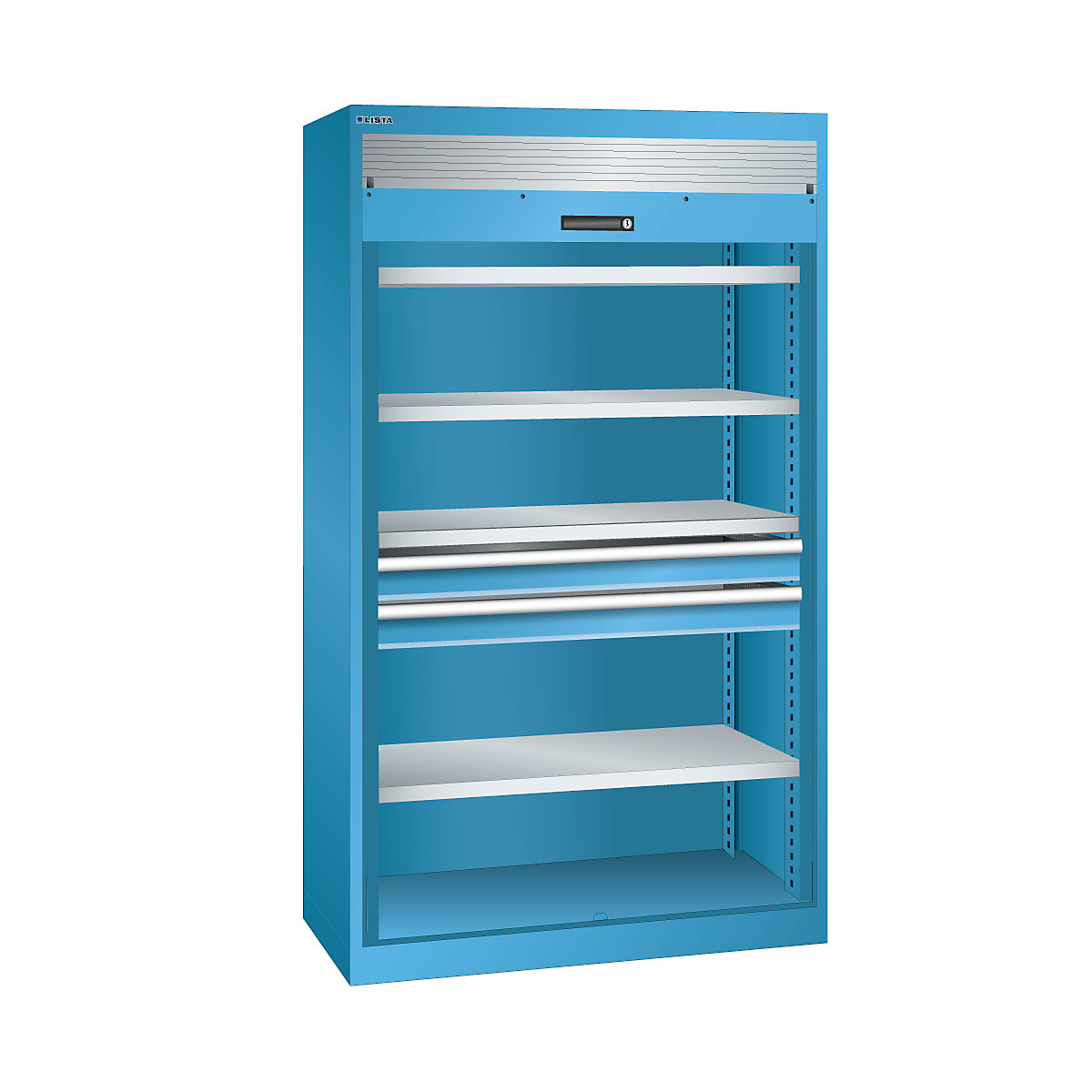 Heavy duty roller shutter cupboard – LISTA, 4 shelves, 2 drawers, light blue-9