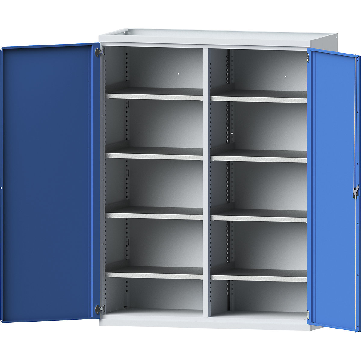 JUMBO heavy duty cupboard made of sheet steel – eurokraft pro, 8 shelves, centre partition, light grey / light blue-9