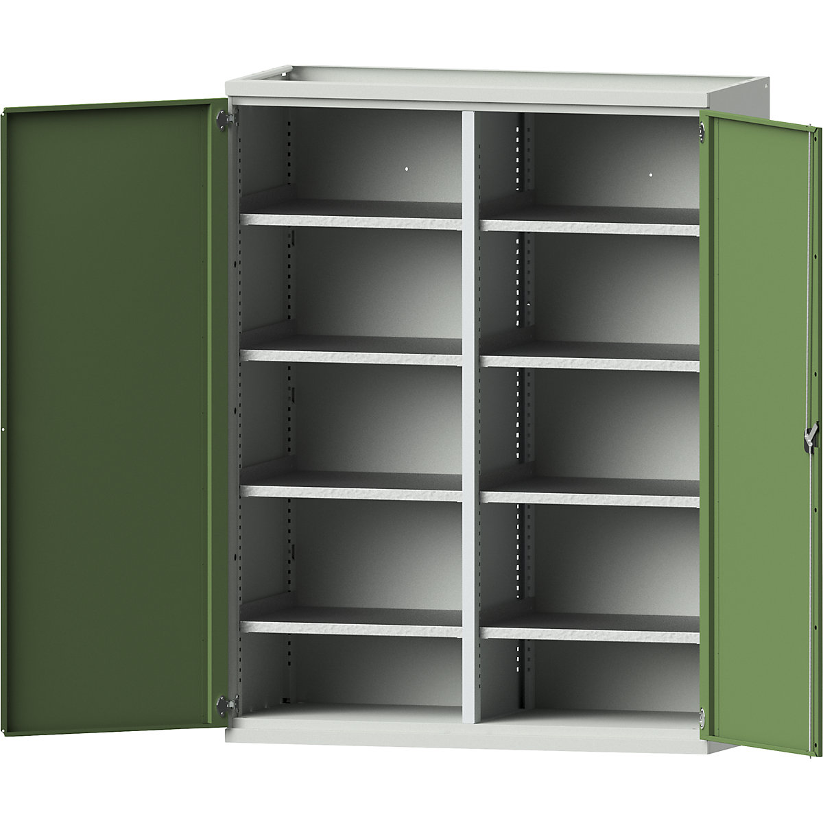 JUMBO heavy duty cupboard made of sheet steel – eurokraft pro, 8 shelves, centre partition, light grey / reseda green-10