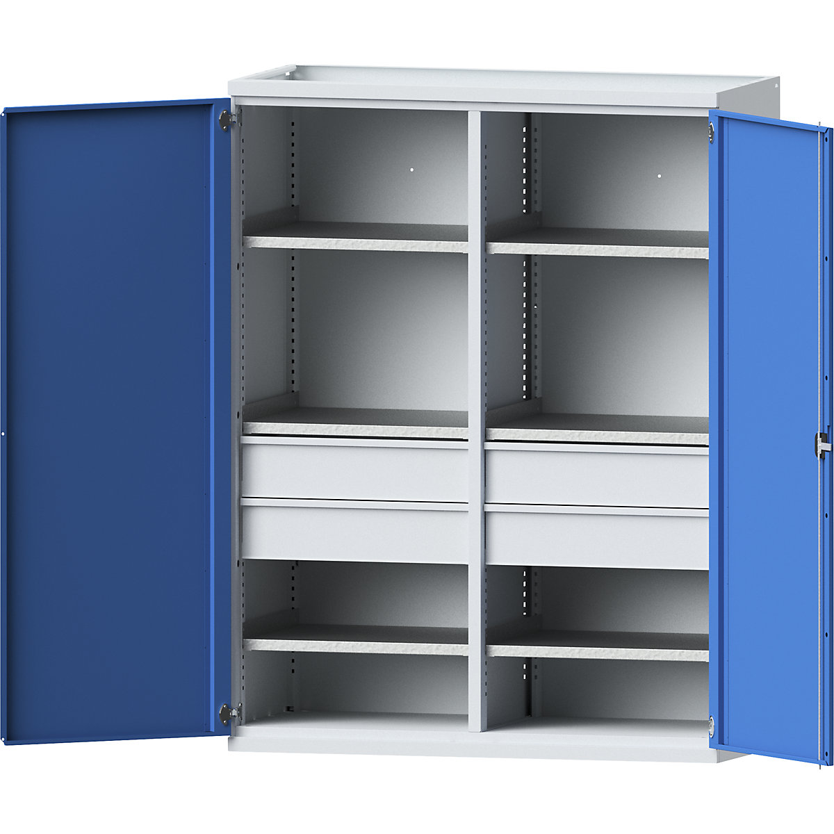 JUMBO heavy duty cupboard made of sheet steel – eurokraft pro, 6 shelves, 4 x 180 mm high drawers, light grey / light blue-4