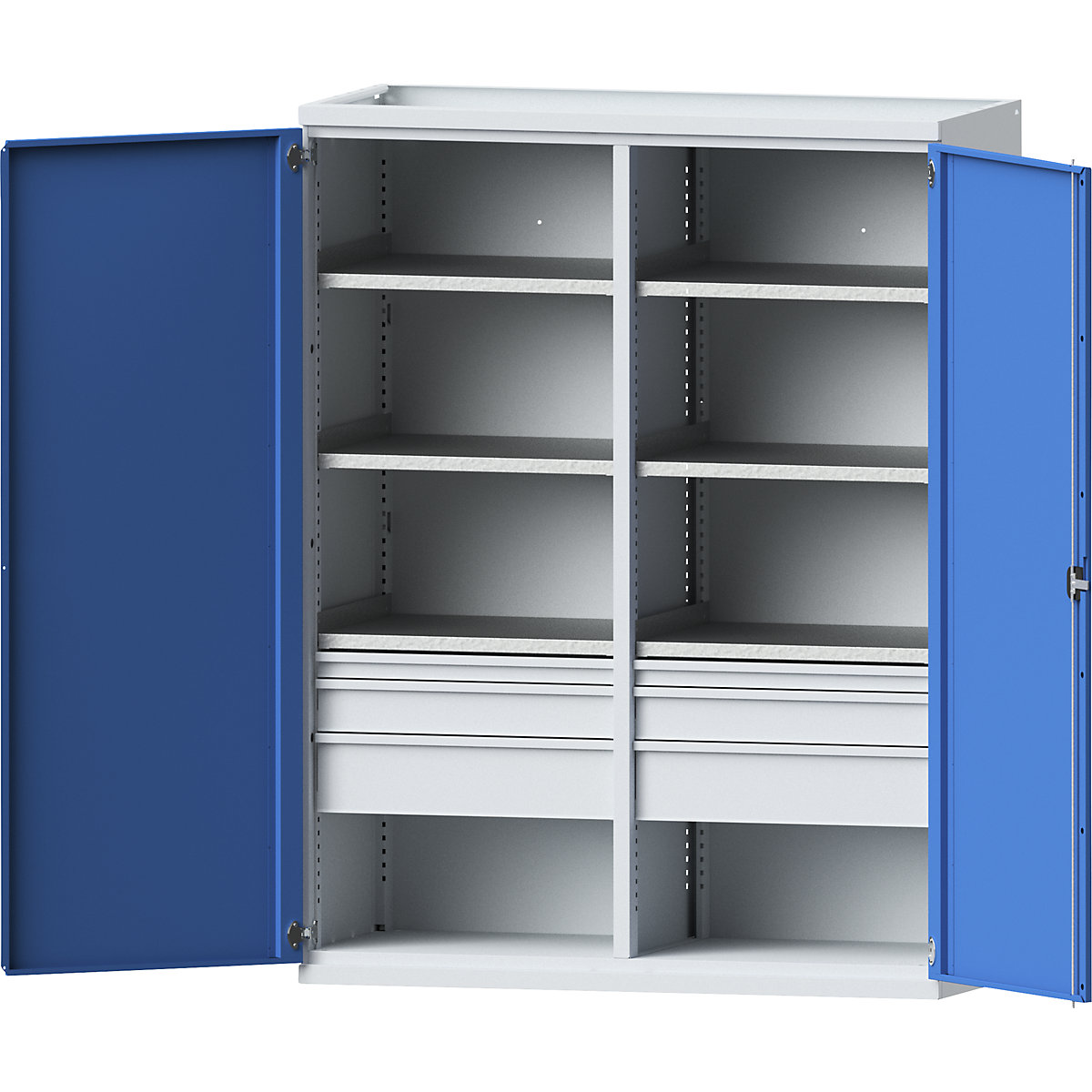 JUMBO heavy duty cupboard made of sheet steel – eurokraft pro, 6 shelves, drawers 2 x 60 mm, 2 x 120 mm, 2 x 180 mm high, light grey / light blue-2