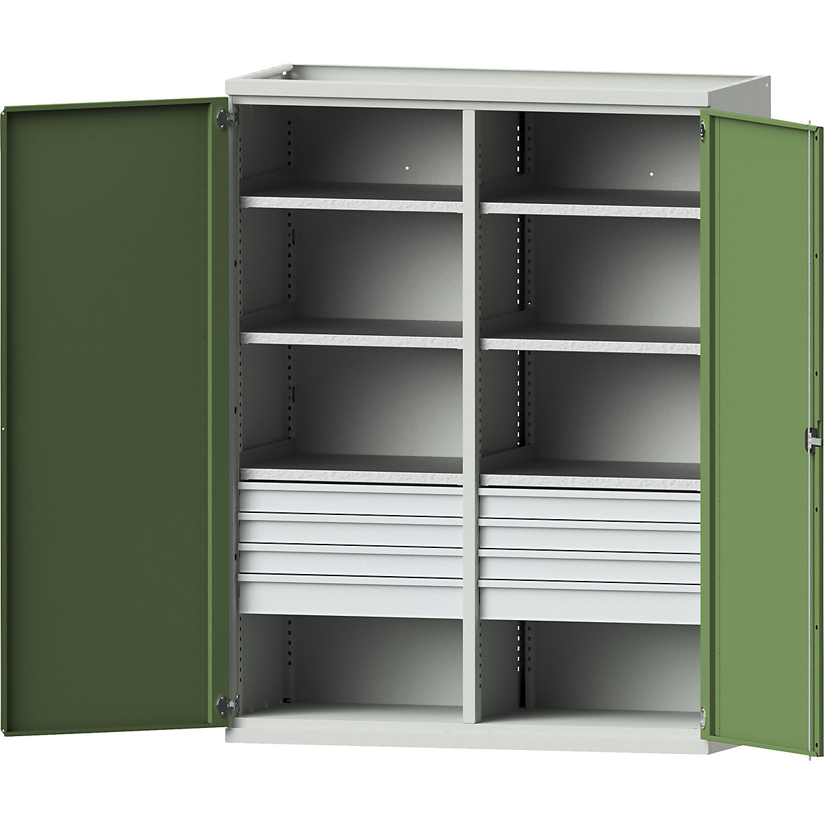 JUMBO heavy duty cupboard made of sheet steel – eurokraft pro, 6 shelves, drawers 6 x 90 mm, 2 x 120 mm high, light grey / reseda green-2